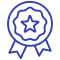 Icône bleue pixelisée : badge de récompense avec étoile centrale et rubans. Symbole de réussite ou distinction.