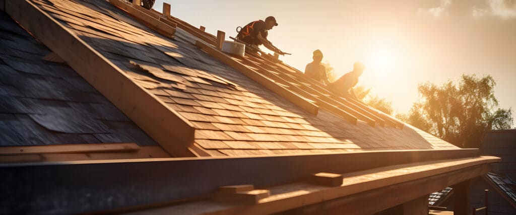 Construction de toiture en bois avec des ouvriers travaillant au coucher du soleil. Rénovation et charpente visible.