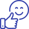 Icône pixelisée bleue d'un pouce levé souriant. Symbole d'approbation et de positivité sur fond noir.