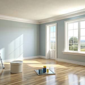 Chambre en rénovation avec peinture bleu pastel, pot de peinture, échelle et accessoires. Fenêtres lumineuses avec vue sur la campagne.
