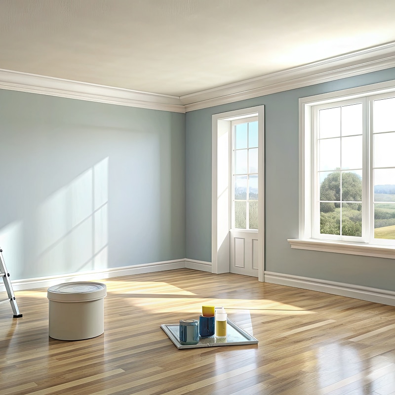 Chambre en rénovation avec peinture bleu pastel, pot de peinture, échelle et accessoires. Fenêtres lumineuses avec vue sur la campagne.