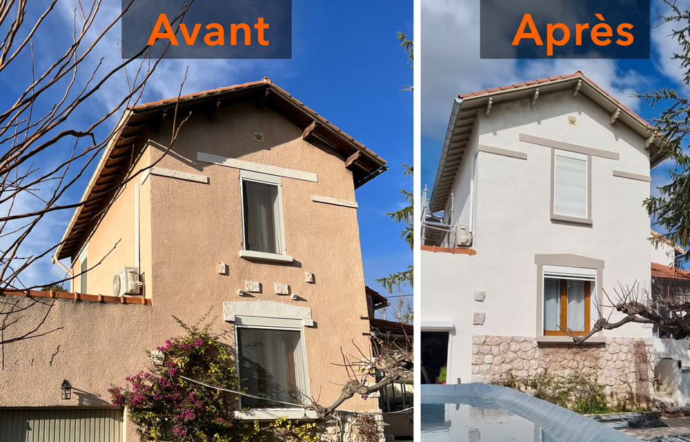 Rénovation facade maison : avant (crépi orange, vieux volets) et après (crépi blanc, pierres, volets roulants). Texte: Avant / Après.