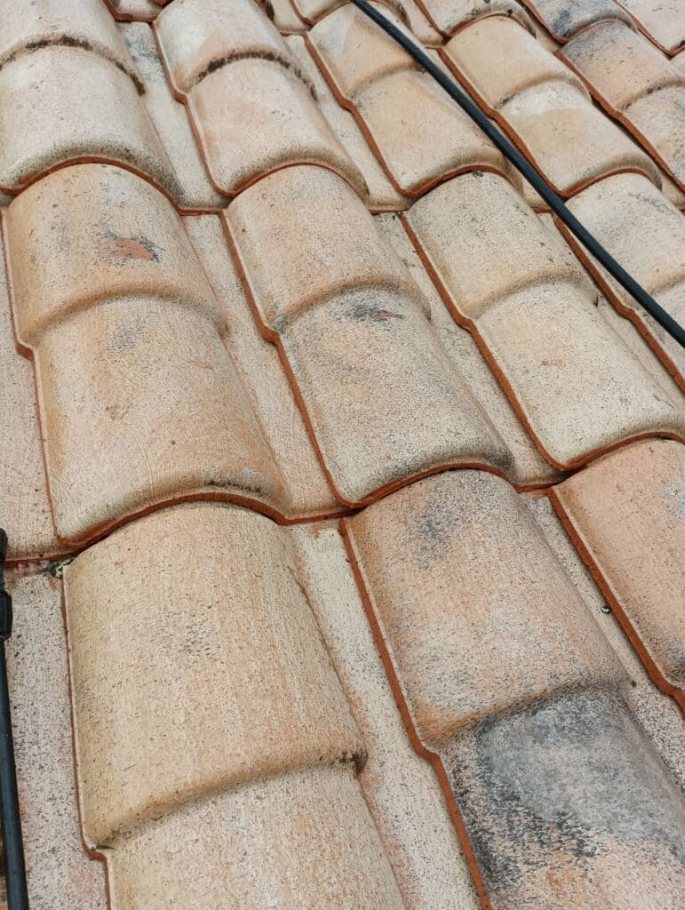 Tuiles de toit incurvées en terre cuite, montrant saleté, mousse et un câble noir. Surface texturée.