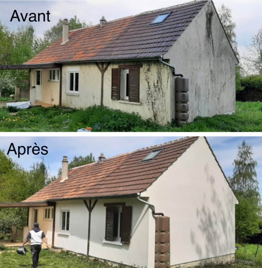 Avant/Après rénovation extérieure d'une maison. Façade nettoyée et peinte, toiture rénovée. Texte: Avant, Après.
