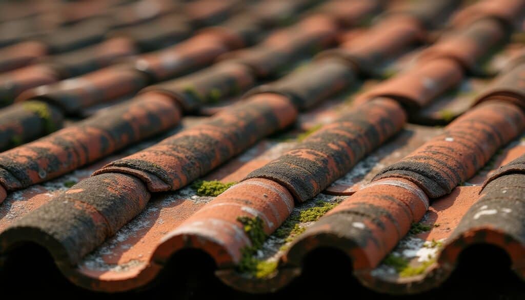 Vue rapprochée de tuiles de toit anciennes en terre cuite, patinées par le temps, avec des taches sombres et de la mousse verte.