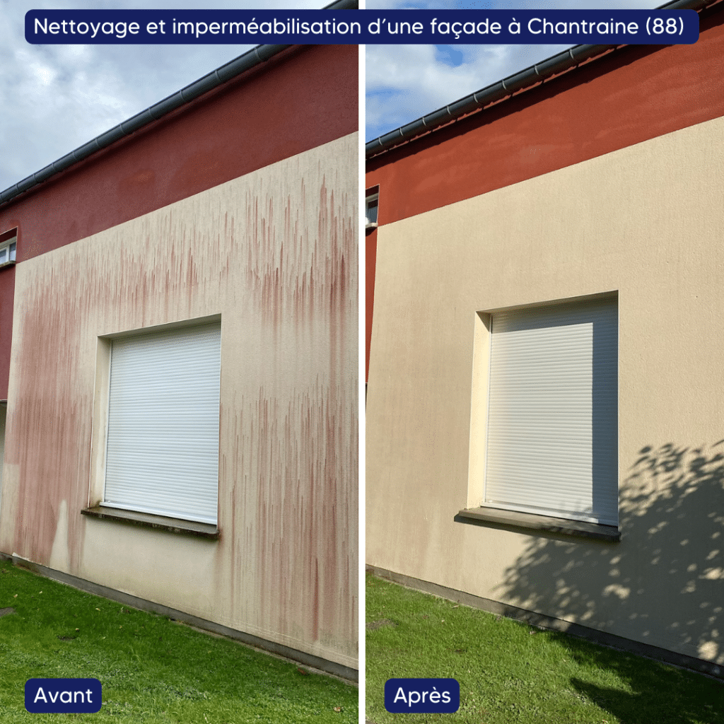 Avant-après nettoyage et imperméabilisation d'une façade sale à Chantraine (88) avec traces rouges, devenue propre et uniforme.