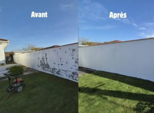 Mur extérieur blanc abîmé "Avant" et parfaitement rénové, repeint en blanc éclatant "Après". Transformation réussie.