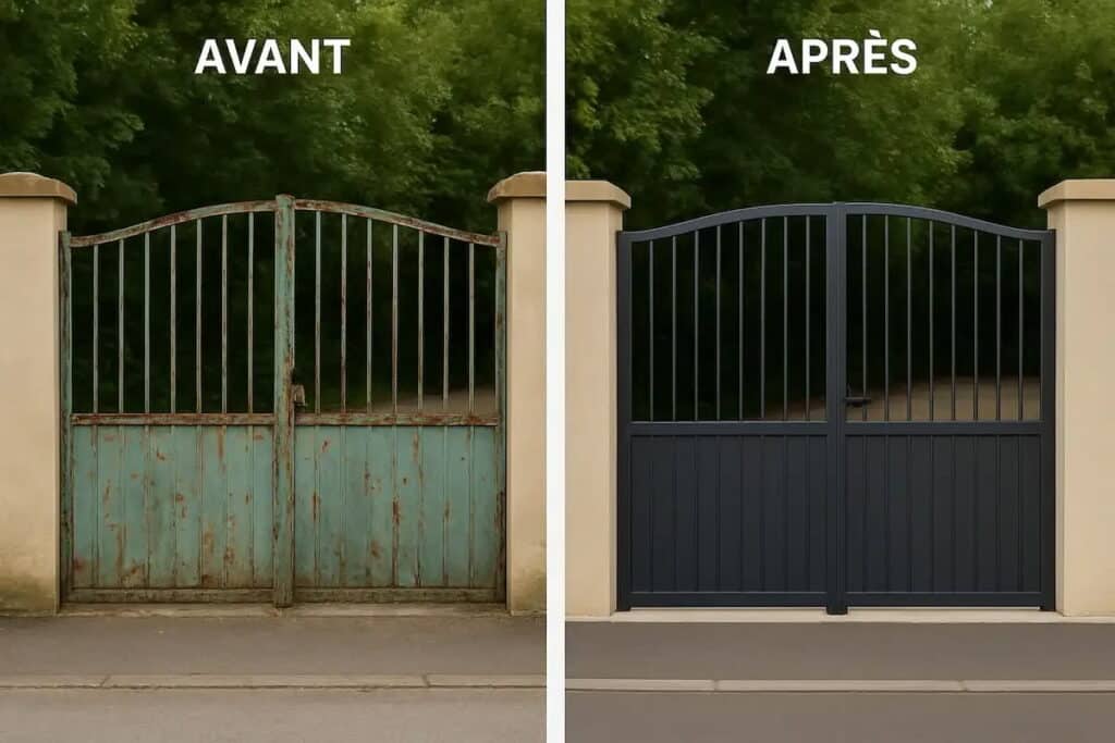 Comparaison AVANT APRÈS : un vieux portail métallique rouillé vert remplacé par un nouveau portail moderne gris anthracite.