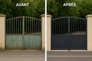 Comparaison AVANT APRÈS : un vieux portail métallique rouillé vert remplacé par un nouveau portail moderne gris anthracite.