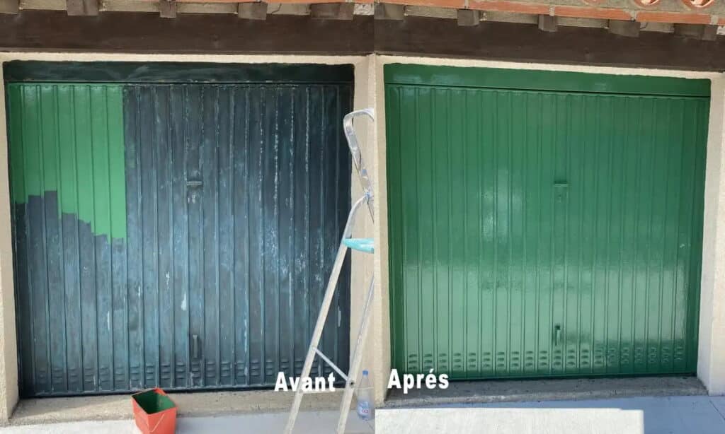 Rénovation porte de garage : Avant (vert foncé usé, zone repeinte) et Après (vert éclatant neuf). Échelle, seau. Textes 'Avant' 'Après'.