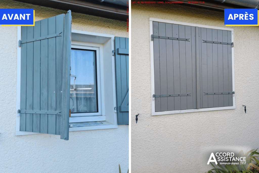 Rénovation de volets de fenêtre : Avant, volets bleus usés ouverts ; Après, volets gris foncés fermés. ACCORD ASSISTANCE depuis 1958.