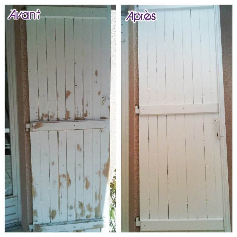 Volet en bois blanc avant/après rénovation : à gauche (Avant), peinture écaillée ; à droite (Après), propre et repeint.